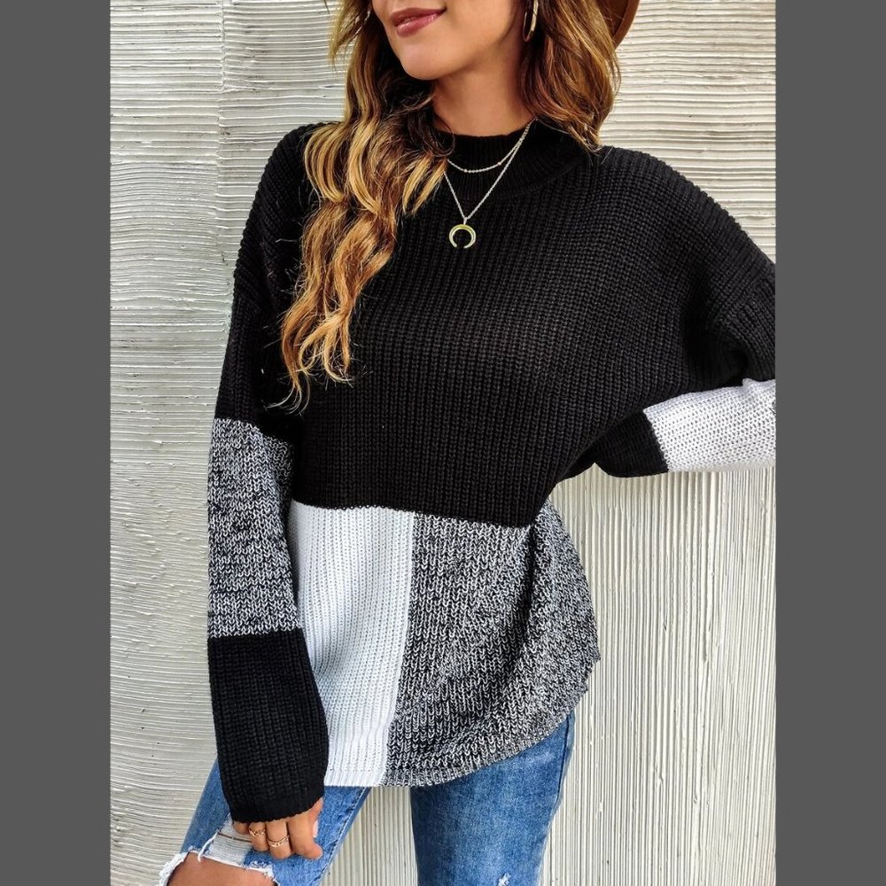 Long Sleeve Colorblock Knit Pullover Sweater Black, Gray, White - Picture 6 of 12